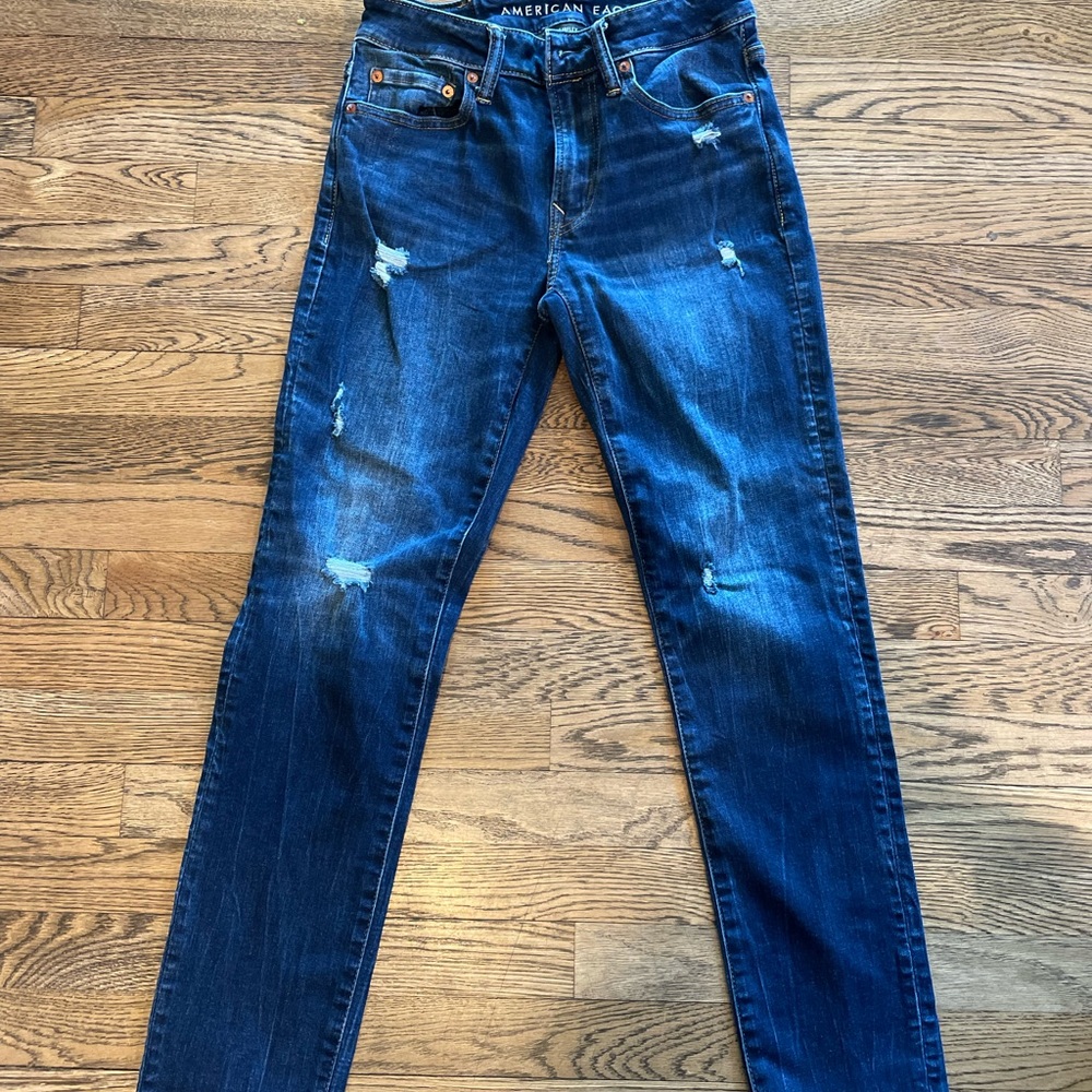 American Eagle distressed dark wash skinny jeans slim cozy air flex + 28x30 - Picture 1 of 5